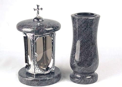 Designgrab Grablampe Aus Granit Orion Mit Verchromtem Aluminium-Korpus Und Kreuz – Witterungsbeständig, Für Grabkerzen Bis 13 Cm Höhe