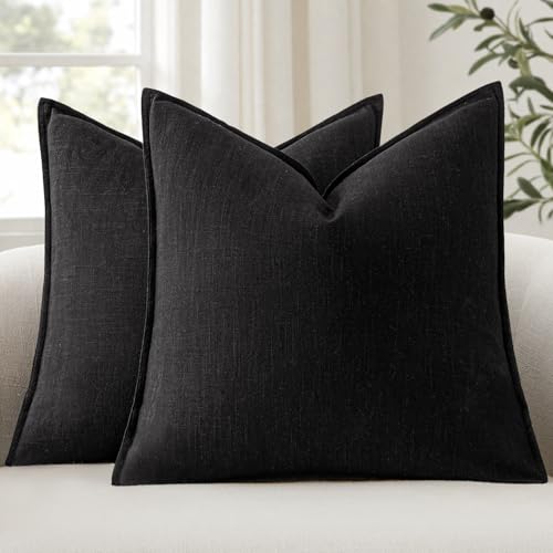 ANRODUO Decorative Linen Euro Sham Pillow Covers 24x24 Black Pack of 2