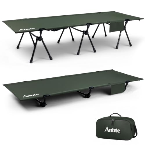 Image of Anbte Height Adjustable Camping Cot with Storage Net, Support 400lbs, Green | Comfortable Portable Cots for Adult, for Camping Hiking Travel Truck Beach Office Nap, With Storage Bag