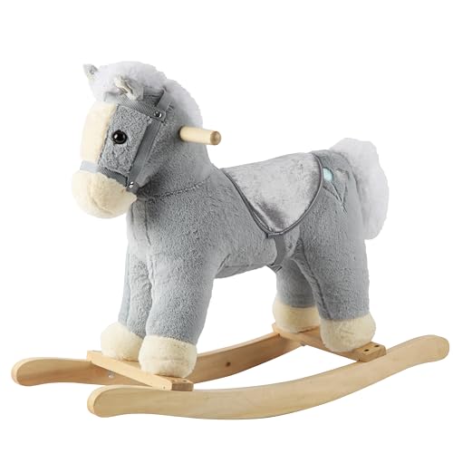 Image of Rock My Baby Pony Rocking Horse, Plush Stuffed Animal Rocker with Realistic Sound, Wooden Rocking Pony, Animal Ride on, for Boys & Girls (Gray Horse Pony for 18M+),CPC Certified