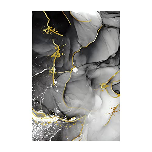 Toile art abstrait marbre noir blanc et lignes d'or 90x133cm avec cadre intérieur