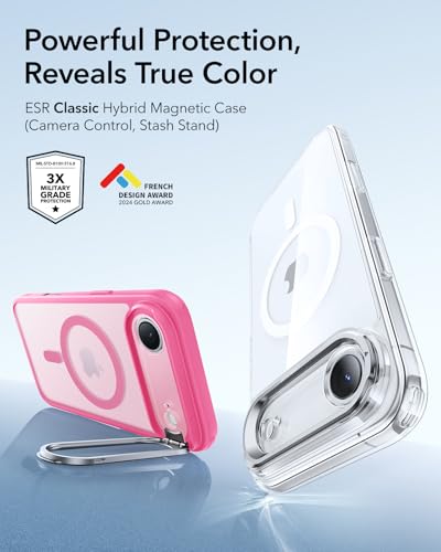Image of ESR Classic Hybrid Case with Stash Stand (HaloLock), Compatible with iPhone 15 Pro, Frosted Pink