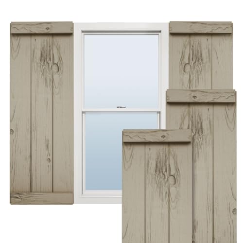 Ekena Millwork 11"W x 46"H Rustic Two Board Joined Board-n-Batten Knotty Pine Faux Wood Shutters w/End Batten (Per Pair), Primed Tan