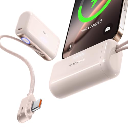 Image of TORRAS 2-in-1 iPhone 16 Portable Charger, 5,000mAh 22.5W Mini Power Bank with Built-in USB-C Cable, Fast Charge Battery Pack, Travel Essential for iPhone 17 /16 /15, Galaxy S25, Google - Desert Titanium