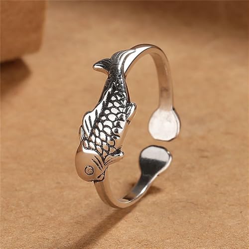 OIDIMS Cute Little Fish Fashion Ring Finger Band for Women Koi Carp Lucky Statement Adjustable Open Dainty Vintage Antique Promise Ring Wedding Bands Extendable Knuckle Middle Comfort Fit 5