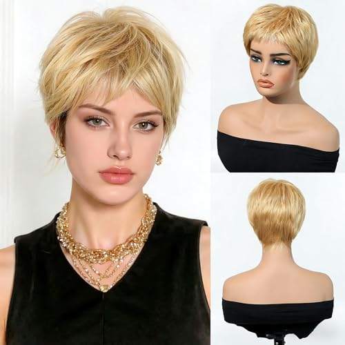 Phloxyn Short Blonde Pixie Cut Real Hair Wigs with Bangs