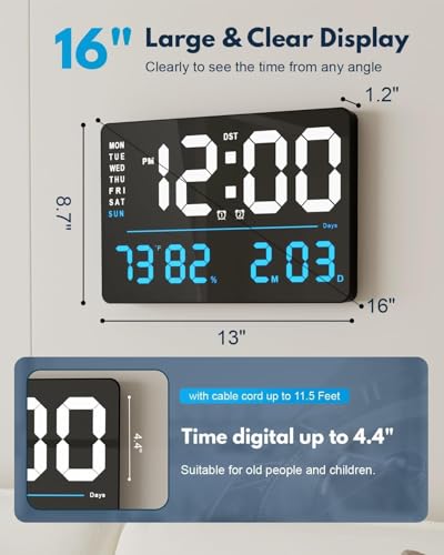 Image of 15-Inch Digital Wall Clock with Large LED Display - Remote Control, Auto-Dimming, Night Light, Date, Day, Temperature, DST Function - Ideal for Living Room, Bedroom (Square Blue)
