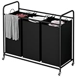 LINZINAR 3-Bag Laundry Basket Hamper Laundry Sorter Cart laundry room organization with Heavy Duty Rolling Lockable Wheels and Removable Bags (Black)