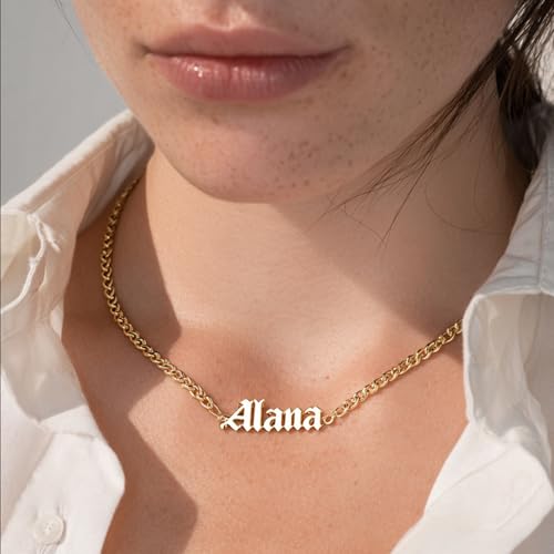 Personalized Name Necklace with Figaro Chain, 18K Gold Plated Handmade Customized Nameplate Jewelry Gift for Mom, Wife2