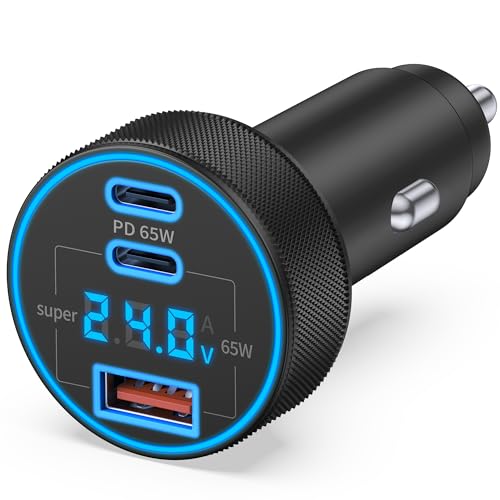Car Charger USB C 3-Port 130W Super Fast Car Phone Cigarette Lighter USB Charger 12-24V USB Outlet Type C Car Adapter with Voltage Display for iPhone 17/16/15/14/13/12 iPad Galaxy Tablet Android