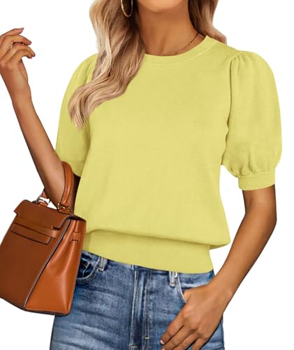Image of PRETTYGARDEN Womens Sweaters Spring 2026 Summer Puff Short Sleeve Sweater Trendy Cute Knit Work Blouses Business Casual Tops