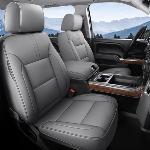 Image of Coverado Chevy Silverado Seat Covers Full Set, Faux Leather Car Seat Covers Fit for 2014-2018 1500, 2015-2019 2500HD 3500HD Chevy Silverado GMC Sierra Crew Double Extended Cab (Gray)