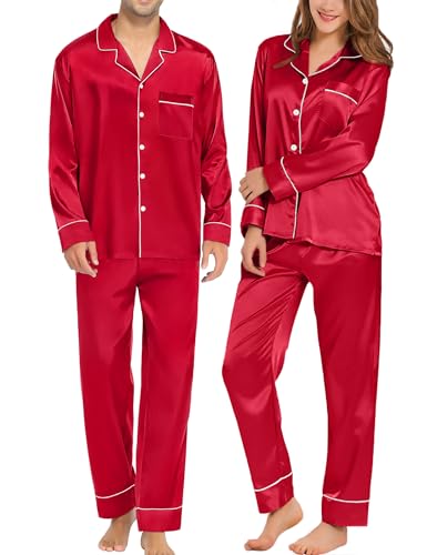 SWOMOG Couples Matching Pajamas Sets Women & Men Silk Satin Long Sleeve Button Down Sleepwear 2 Pcs Classic Loungewear