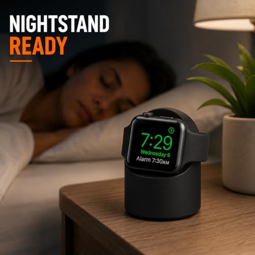 Image of Mizi Magnetic Charging Stand for Apple Watch Ultra 3 /2 /1 & Series 11 / to /1 /SE Silicone Wireless Charger Holder with Cable Management, Nightstand Mode Support, Portable Desk & Bedside Dock - Black