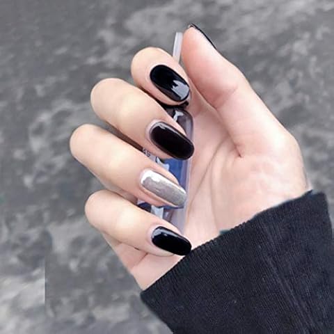 Sethain Glossy Oval False Nails Tips Black Silver Fake Nails Short Full Cover 24PCS Press on Nail for Women and Girls Cover