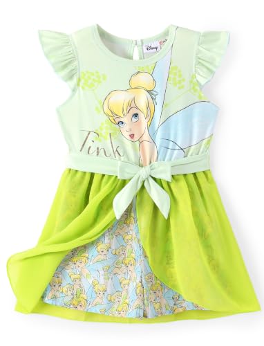 Disney Princess Tinker Bell Toddler Girl Romper With Tulle Skirt Overlay Ruffle Sleeves Jumpsuit with Bow Kids One Piece Outfit Summer Clothes 3T