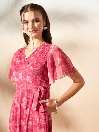 Image of Miss Chase Women's Floral V-Neck Flutter Sleeve Wrap Chiffon Maxi Dress