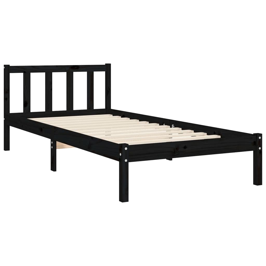 lite drewno sosnowe z wezgłowiem i zanóżkiem 75x190 cm czarny | Rama łóżka z wezgłowiem i zanóżkiem, czarna, lite drewno sosnowe, 195,5x80,5x100 cm, listwy ze sklejki, do sypialni, bez