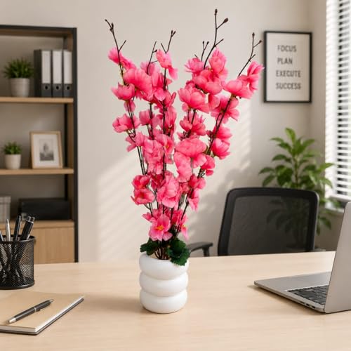 Image of Artificial Pink Cherry Blossom Flower Plant with White Decorative Pot for Home Decor, Bedroom, Living Room, Office Desk & Table Centerpiece