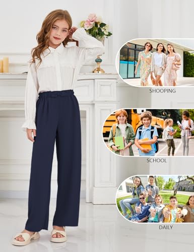 Image of Girls Wide Leg Palazzo Pant Loose Straight Cute Bow Waist Spring Summer Lightweight Dress Pant for Kids 5-14Y