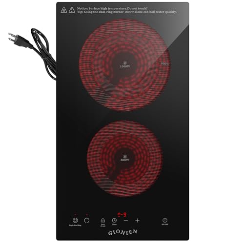 Electric Cooktop 2 Burners 110V~120V, 12'' Plug in Electric Stove Top,Countertop or Built-in,Ceramic Glass,Sensor Touch Control,Timer,9 Power Levels,Portable,1800W