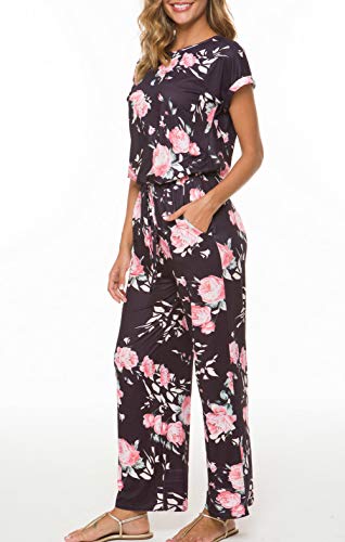 Richcoco Women's Floral Printed Jumpsuit Casual O Neck Loose Long Wide Legs Pants Jumpsuit Rompers With Pockets (Black Summer, Large) #TOP6