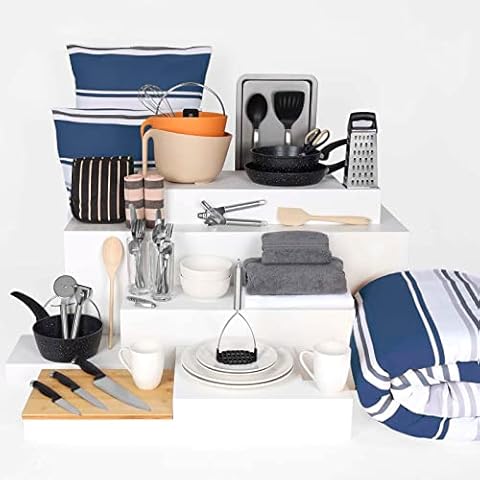 Noah 55+ Piece Student Luxe Starter Kit - Bedroom & Kitchen Essentials in One Box - Includes UK Single Duvet, Pillows, Linear White 100% Cotton Bedding, Pots & Pans, Cooking Utensils & More Cover