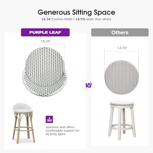 Image of PURPLE LEAF Patio Oversized Backrest Bar Height Stool Set of 1 Outdoor Round Barstools Aluminum Frame in Champagne Finish Woven Rattan for Indoor Kitchen Dining Bistros Cafe Restaurant White