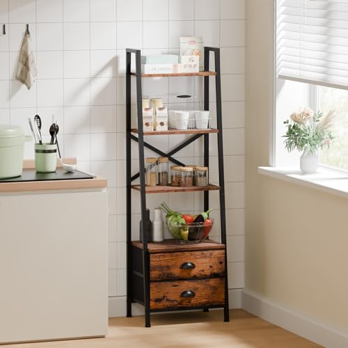 Image of Furologee 4-Tier Ladder Shelf,Small Bookshelf with 2 Drawers,Vertical Bookcase Storage Rack Organizer,Rustic Bookshelves for Living Room,Bedroom,Bathroom,Home Office,Kitchen,Rustic Brown