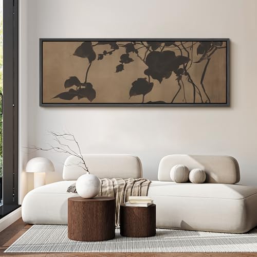 Image of MUDECOR Large Framed Canvas Print Wall Art Minimalist Shadow Leaves Neutral Botanical Silhouette Antique Retro Ready to Hang Painting for Living Room Bedroom Multi-Sizes - 60 inchx20 inch