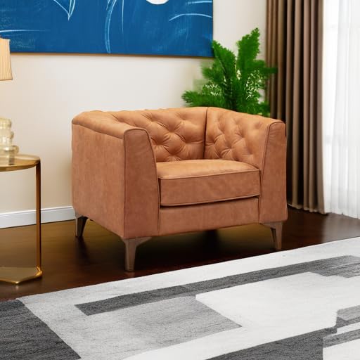 Image of POLY & BARK Essex 40 inch Lounge Chair - Full-Grain Pure-Aniline Italian Leather, Tufted Back & Arms, Feather-Down Cushioning, Walnut Wood Legs - Cognac Tan