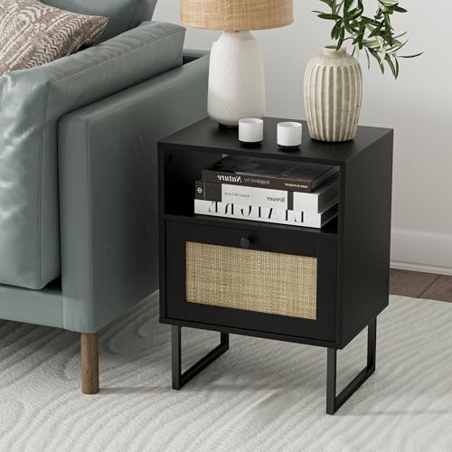 Image of Masupu Rattan Nightstand,Boho Night Stand Modern Farmhouse Wood Bedside Table with Storage Drawer and Open Shelf,Side End Table for Bedroom,Living Room,Office Black