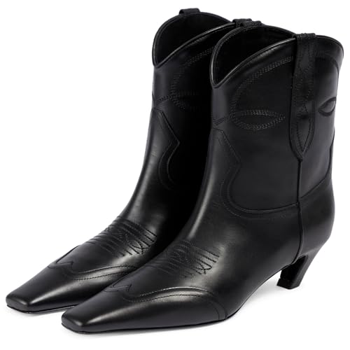 Women's Square Toe Kitten Heel Cowboy Boots Fashion Embroidered Pull On Wide Calf Cowgirl Boots Fall Winter Dressy Chunky Heel Western Boots for Women