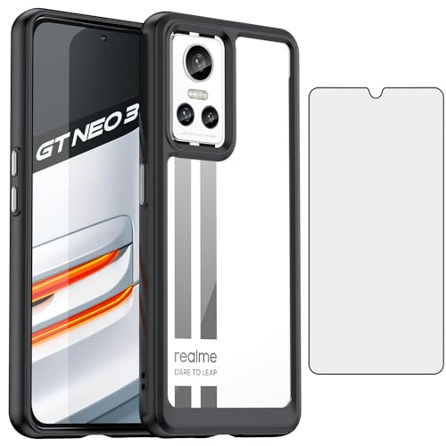 Asuwish Phone Case for Oppo Realme GT Neo 3 5G with Tempered Glass Screen Protector Cover and Cell Accessories Slim Silicone Rubber Soft TPU Protective Mobile Neo3 G5 Women Men Clear Black