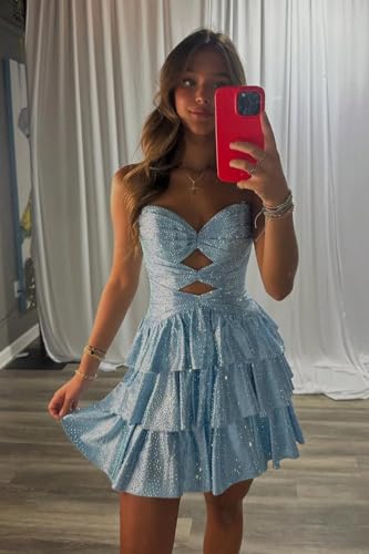 Spaghetti Straps Sequin Homecoming Dresses for Teens 2025 A Line Tiered Short Prom Dress Cut Out Cocktail Dress2
