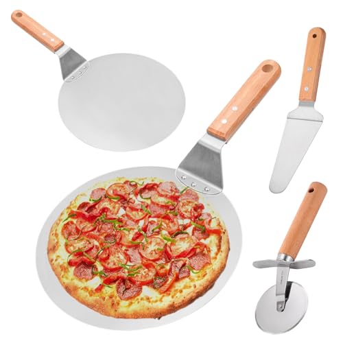 LEKEFETO - Paletta per pizza in acciaio inox per uso alimentare, con manico in legno, con tagliapizza e tagliapizza