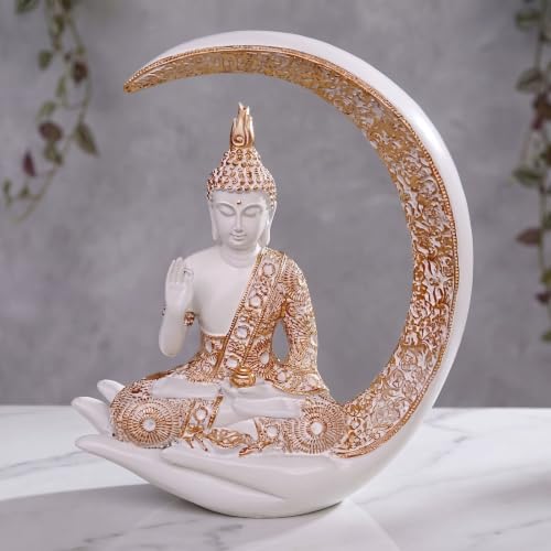 Image of Antique Big Meditating Moon Buddha Statue Showpiece for Home Decor - Living Room - House Warming - Office - Gifting - Buddha Idol Polyresin Decorative Figurine (9 Inch / 23 cm, White, Gold)