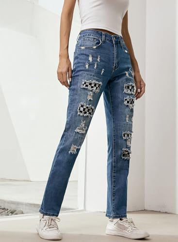 EVALESS Ripped Jeans for Women Plaid Patch Boyfriend Skinny Distressed Denim Jean Pants4
