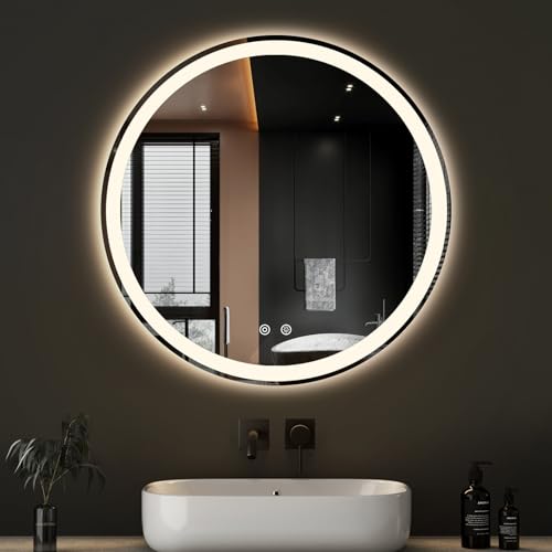Image of Sweetcrispy 30-Inch Round LED Bathroom Backlit Mirror with Lights, Circle Vanity Mirrors with Anti-Fog, Dimmable, 3-Color Light, Memory Function, Tempered Glass