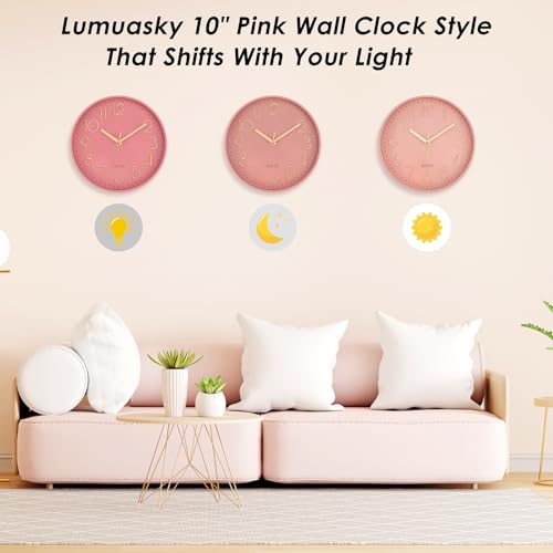 Image of Lumuasky Pink Wall Clock Modern Battery Operated Analog Small Cute Silent Non-Ticking Decorative Clock for School Office Classroom Bedroom Kitchen Living Room Nursery Decor (10 inch)