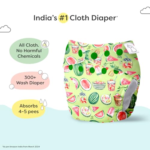 Image of SuperBottoms UNO Freesize Premium Cloth Diaper for babies (3m-3y) + Organic Cotton Pad | Washable & Reusable 300+ Times | Superior Absorption | Waterproof | Super Soft & Gentle - Melon splash