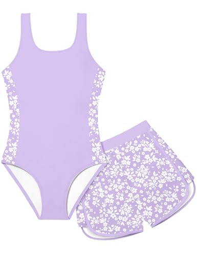 Image of Girls Swimsuit One Piece Swimsuits Color Block Bathing Suit for Girls Adjustable Strap Padded Swimwear with Shorts