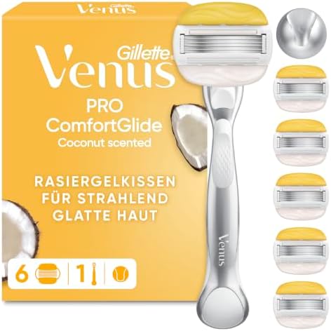 Gillette Venus Pro Comfortglide Kokosduft Rasierer Damen, Silber | Inkl. 6 Ersatzklingen für Nassrasierer, Langlebiges Metallhandstück Und Duschhalterung