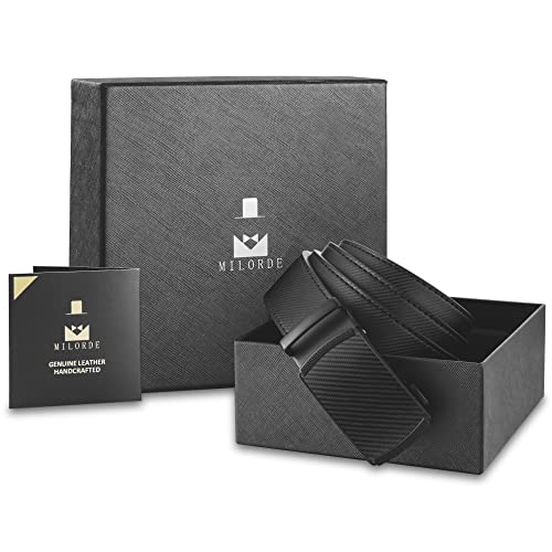 Milorde Belt Men, Ratchet Belt Dress With 1 3/8" Premium Leather, Slide Belt With Easier Adjustable Automatic Buckle (Carbon Fiber - Black, 32" To 38" M801-115) #TOP5