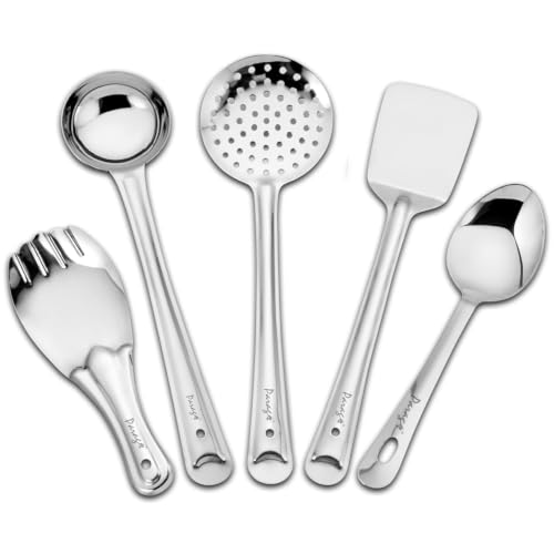 Image of Stainless Steel Kitchen Tools Set (5 Pieces) | Ladle, Skimmer, Turner Spatula, Basting Spoon & Rice Spoon for Cooking