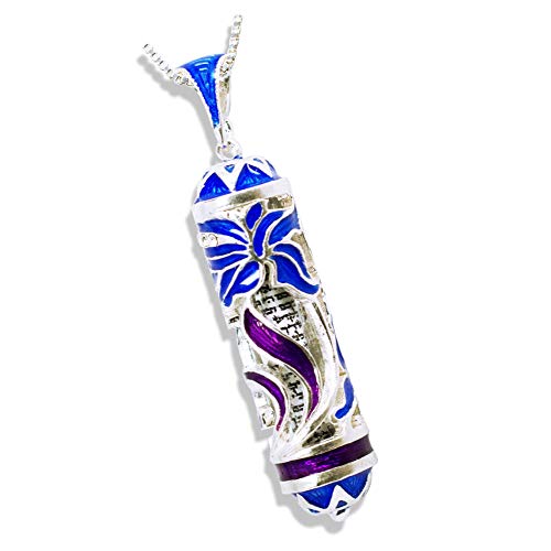 Blue Purple Mezuzah Necklace with Scroll 925 Sterling Silver Judaica Jewelry for Women Pendant Mystic Flowers Charm