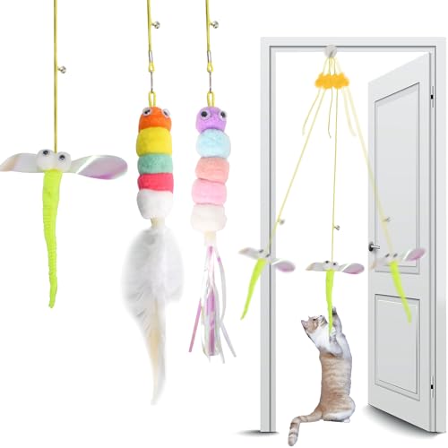 Wisebom Juguetes Colgantes para Gatos, 3Pcs Juguete Interactivo Gato con Campana y Hierba Gatera, Juguete Gato con Pluma Cuerda Elástica para Ejercicio Elimina el Aburrimiento