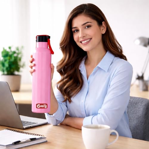 Image of GRECY Trim 1 Litre Stainless Steel Water Bottle for Office, Gym & School | Lightweight Leak Proof Fridge Bottle with Carry Loop | BPA Free, Rust Proof, Odour Free | Pink | 1000ml