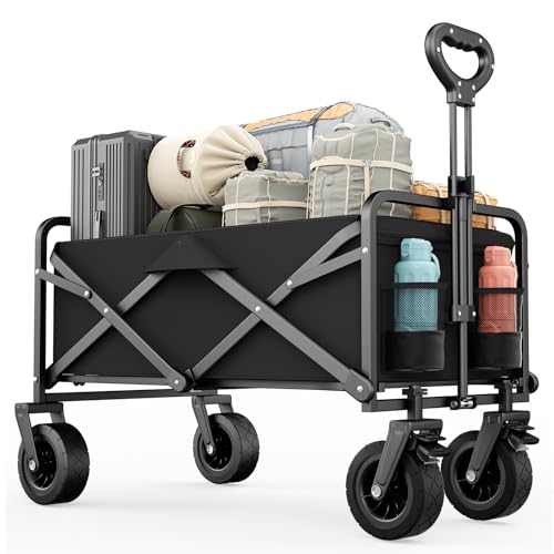 GJCrafts 100L Carro Plegable Playa, Carro Playa Ruedas Grandes de Alta Capacidad de Carga, Ruedas Grandes Todoterreno, Capacidad 100KG Carrito de Playa para Jardín, Camping, Compras, Negro