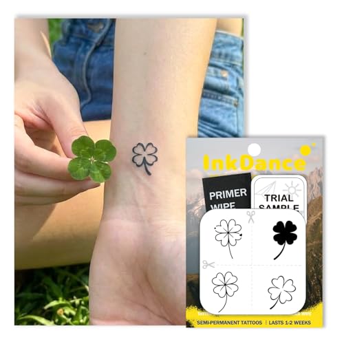 InkDance Semi-Permanent Tattoo Micro Lucky Four-Leaf Clover Patricks Day Shamrock Long Lasting Temporary Tattoos Waterproof Plant-Based Ink Lasts 1-2 Weeks Color Develops in 24 Hours MNF153